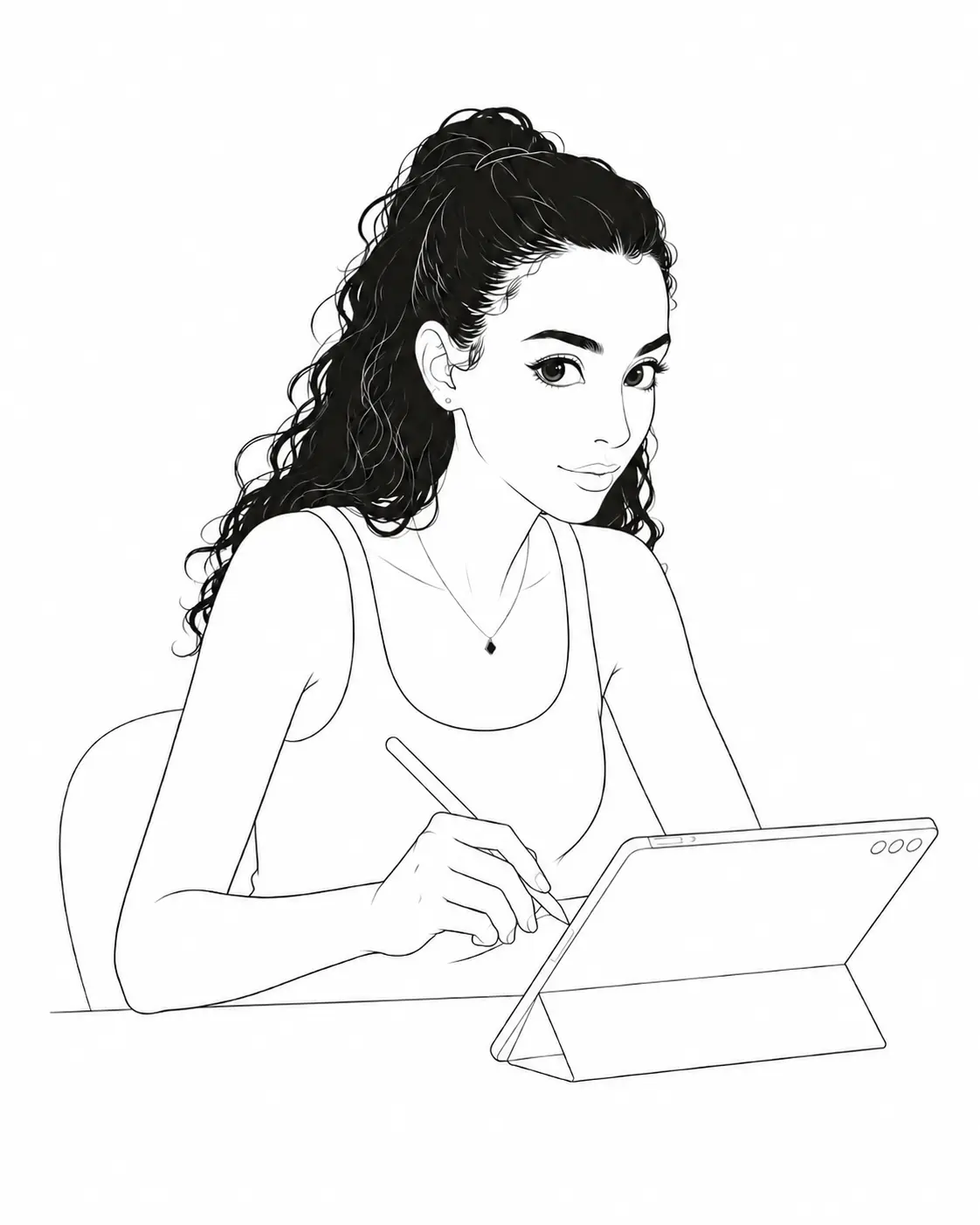 Leïla, graphiste à Nancy, dessinant sur sa tablette - illustration au trait