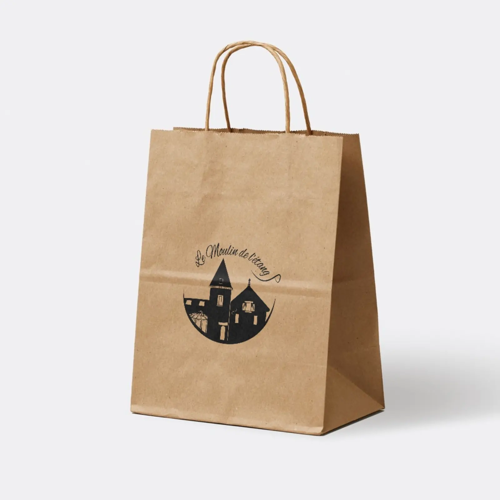 Sac kraft Le Moulin de l'Étang - déclinaison print de l'identité, graphiste Nancy